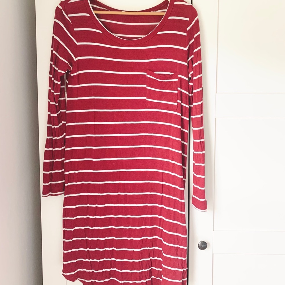 Red & White Stripe Pocket T-Shirt Dress